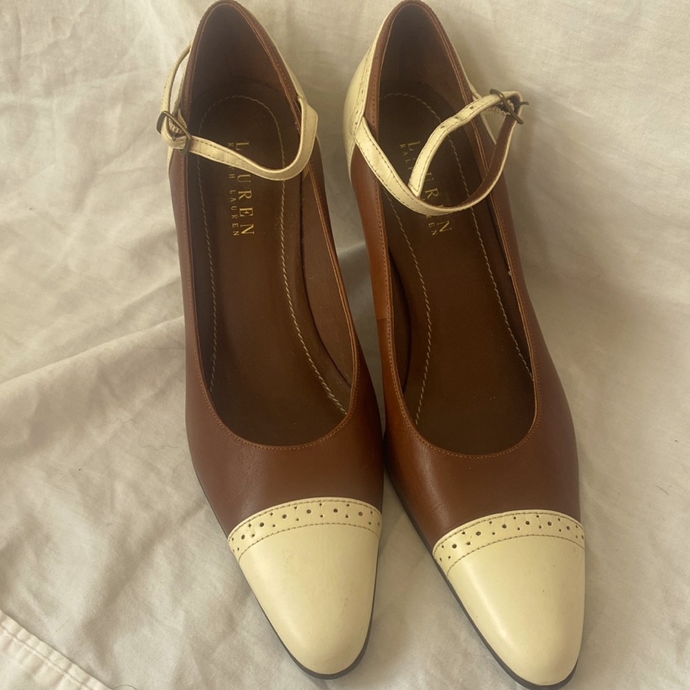 Italian Leather Ralph Lauren Maryjane Strappy Stiletto heels brown cream New